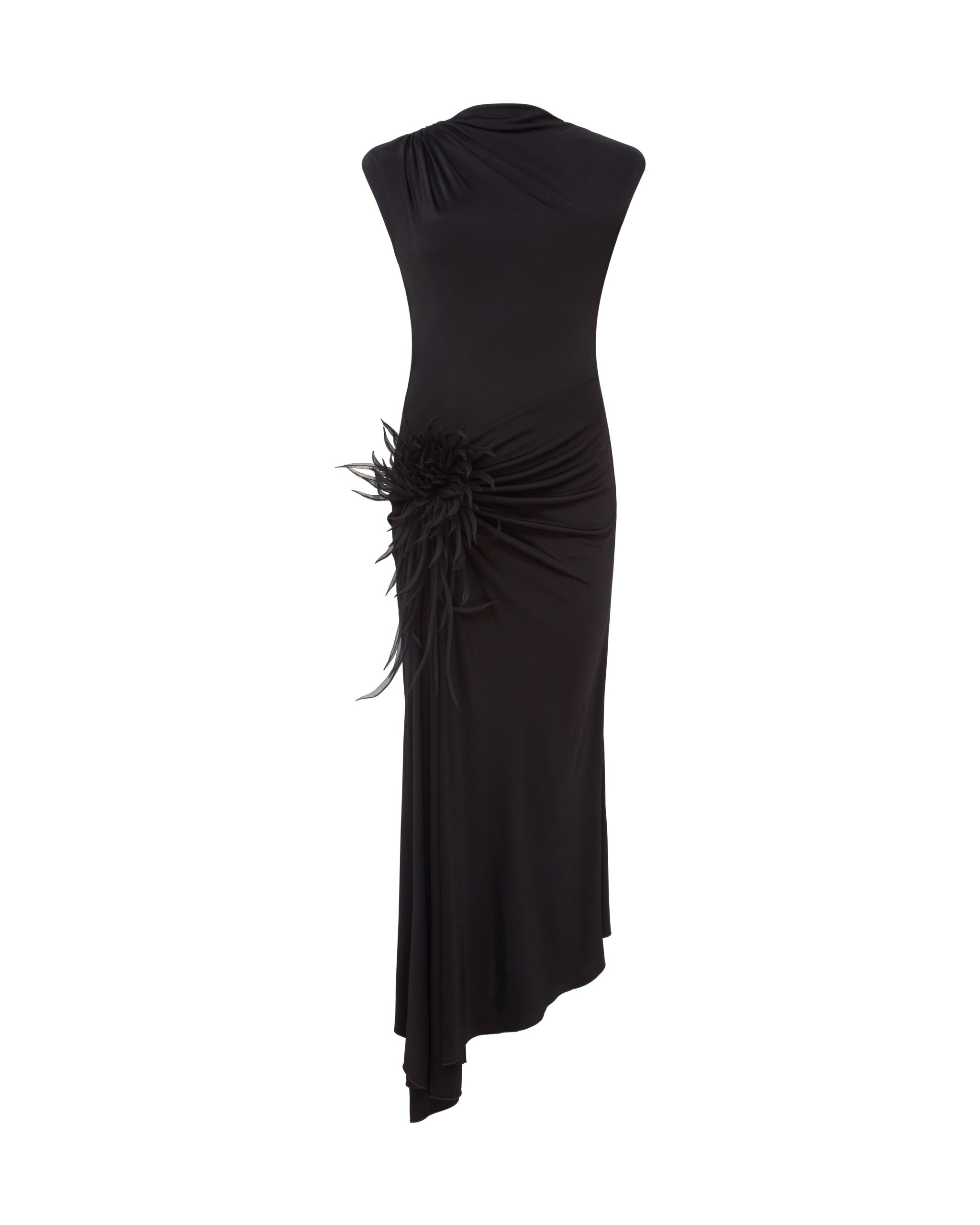 David Koma Cactus Dahlia Detail Draped Midi Dress In Black David Koma Cactus Dahlia Detail Draped Midi Dress In Black