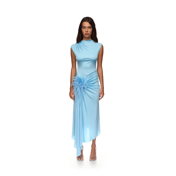 David Koma Cactus Dahlia Detail Draped Midi Dress In Blue, view 2