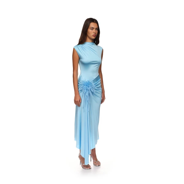 David Koma Cactus Dahlia Detail Draped Midi Dress In Blue, view 4