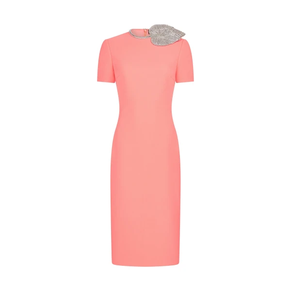 David Koma Crystal Leaf Embroidered Short Sleeve Midi Dress
