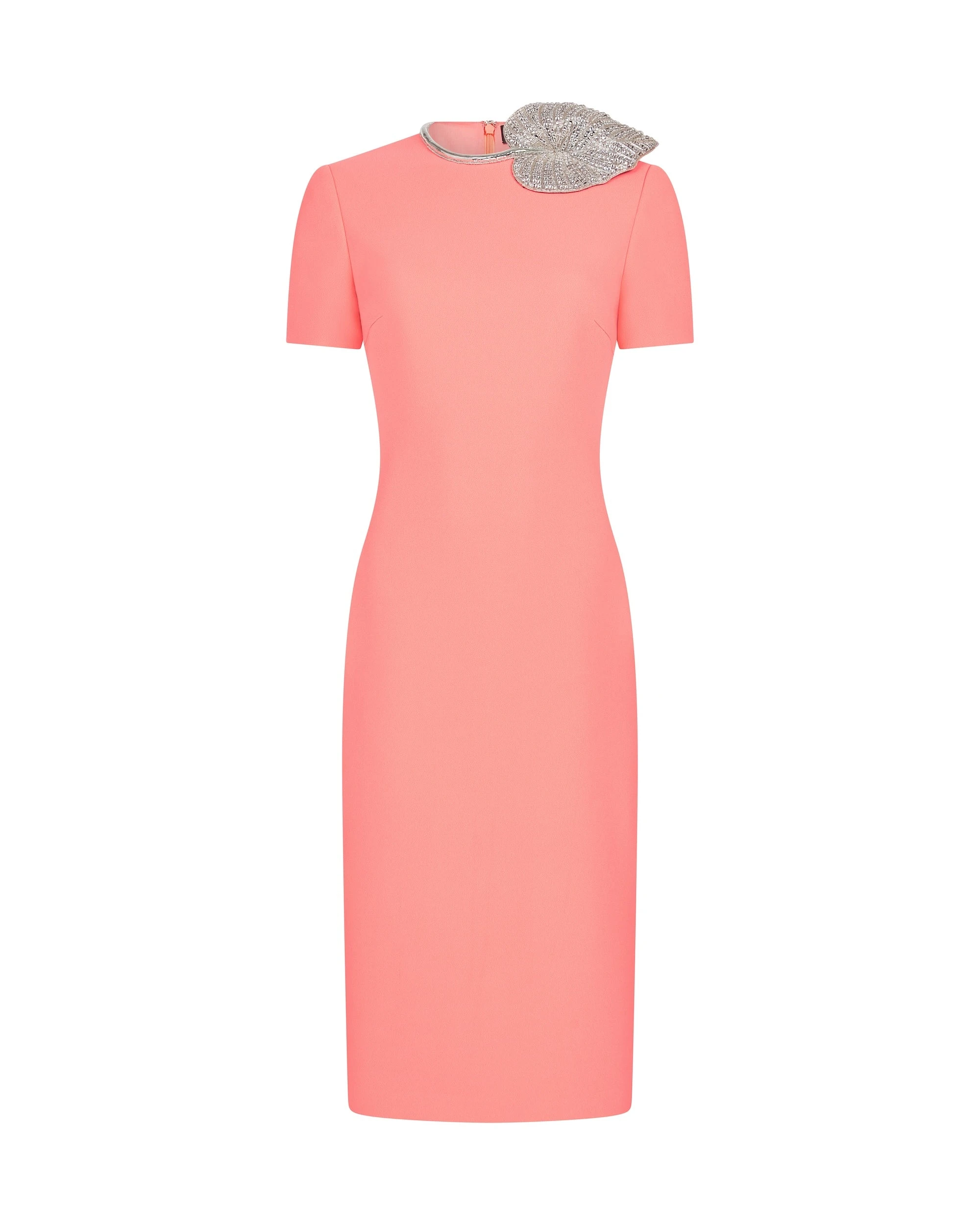 David Koma Crystal Leaf Embroidered Short Sleeve Midi Dress David Koma Crystal Leaf Embroidered Short Sleeve Midi Dress