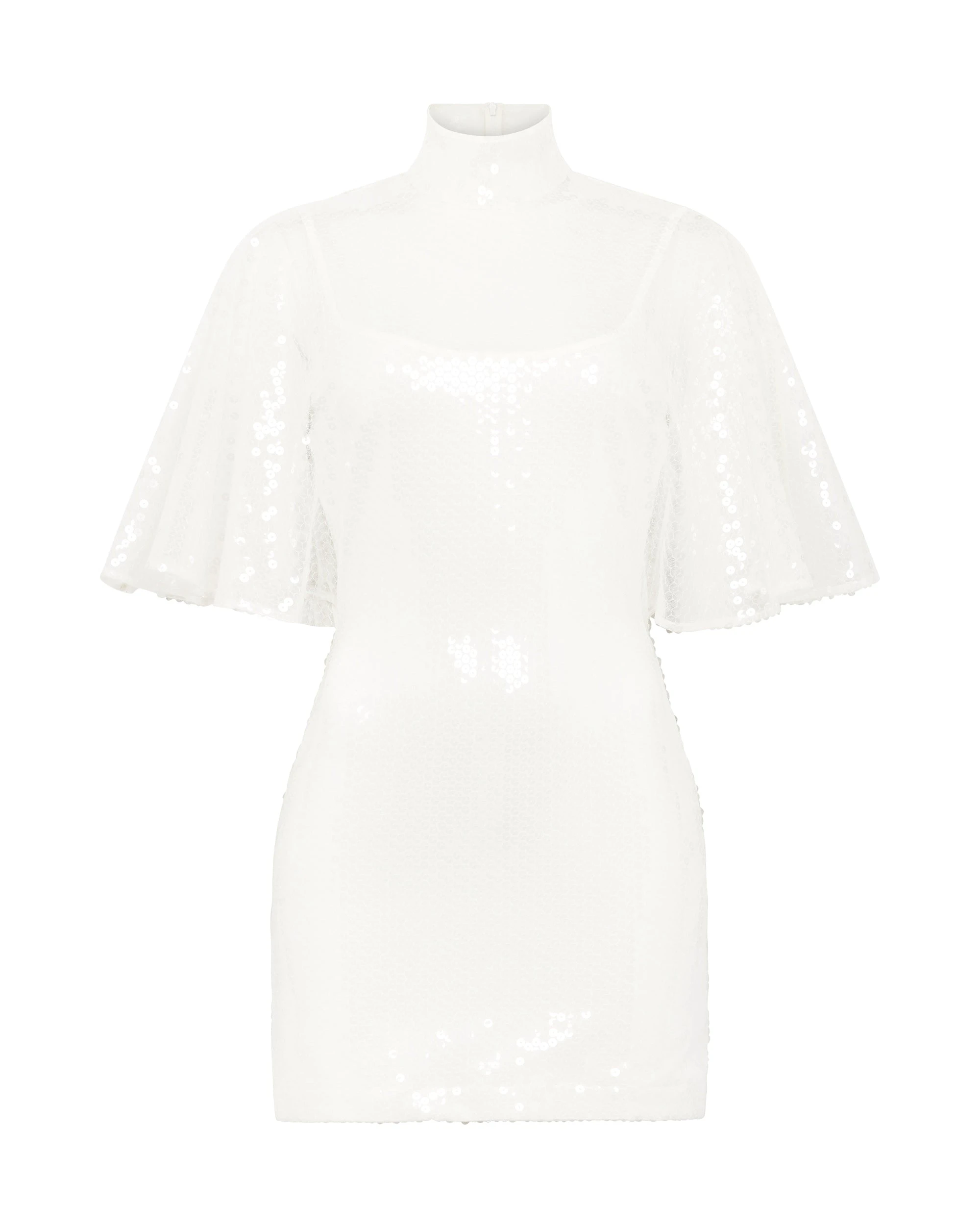 David Koma Draped Sleeve Mini Sequin Dress In White David Koma Draped Sleeve Mini Sequin Dress In White