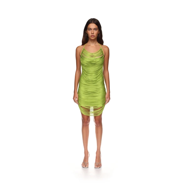 David Koma Fringe Draped Mini Knit Dress In Green, view 2