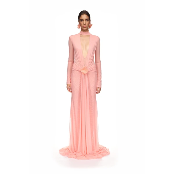 David Koma Lace Flower Plunge Gown In Black, view 2