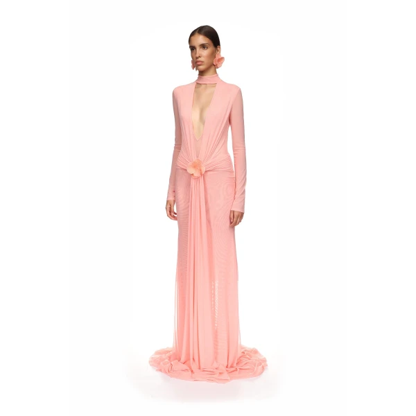 David Koma Lace Flower Plunge Gown In Black, view 3