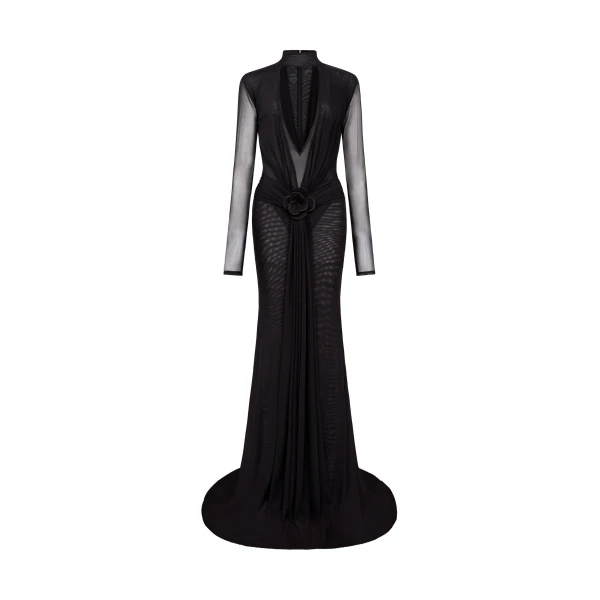 David Koma Lace Flower Plunge Gown In Black