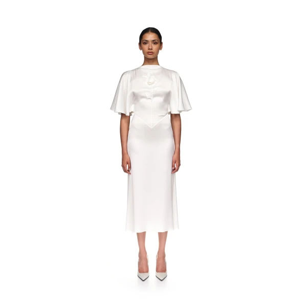 David Koma Lace Rose Embroidered Satin Midi Dress In Yellow, view 2