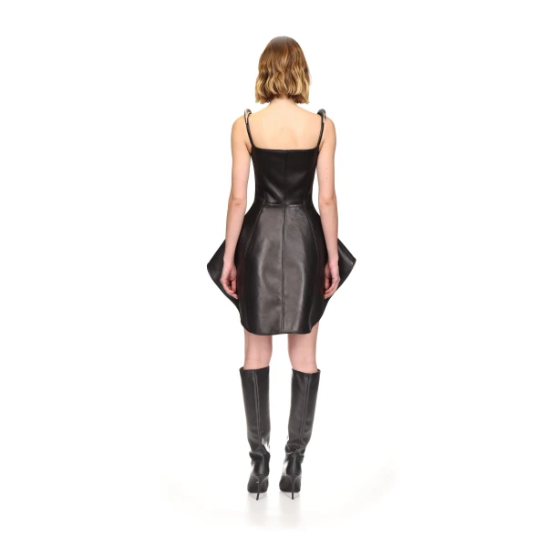 David Koma Metallic Curve Emb Strap Flounce Hem Leather Dress, view 5