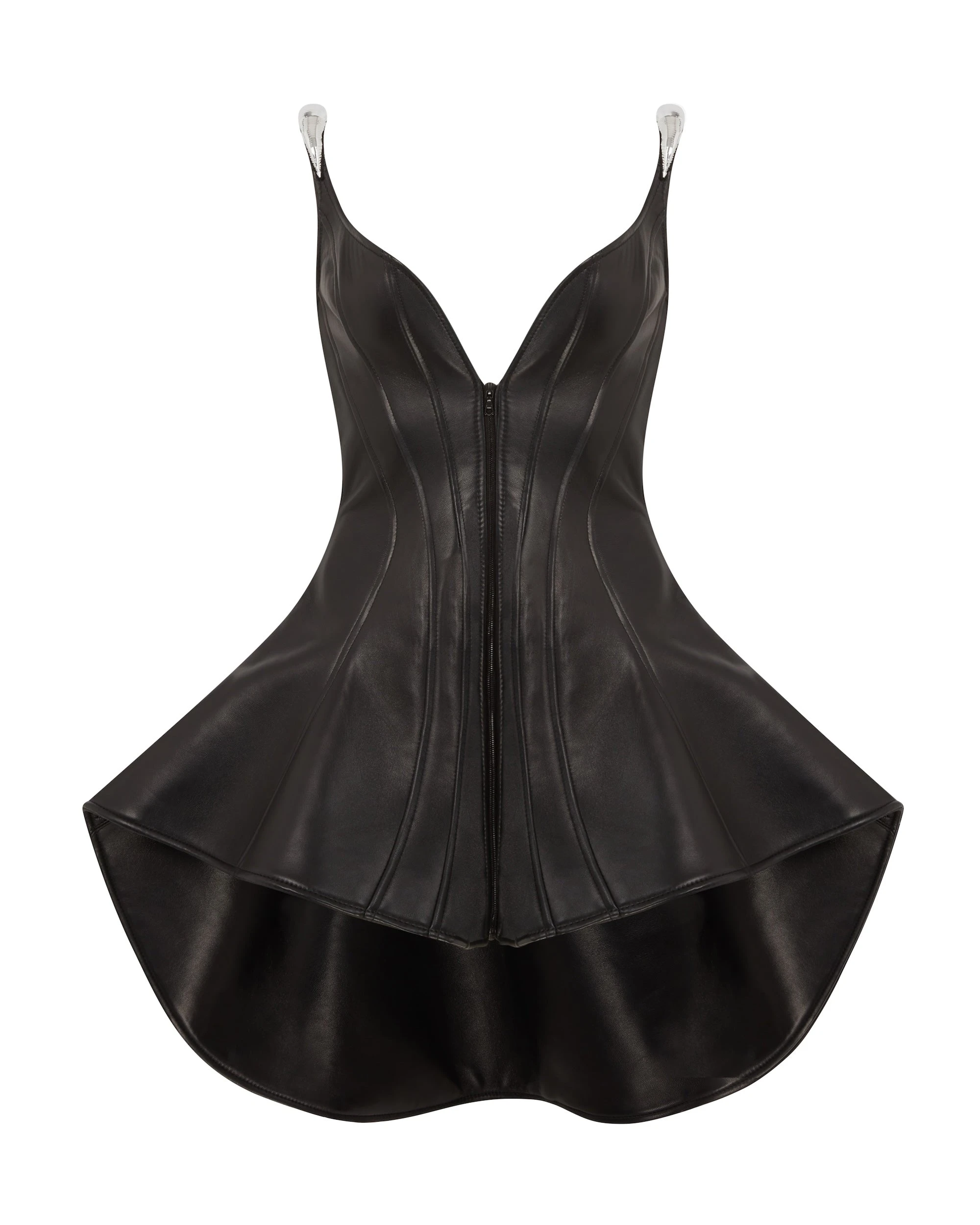 David Koma Metallic Curve Emb Strap Flounce Hem Leather Dress David Koma Metallic Curve Emb Strap Flounce Hem Leather Dress