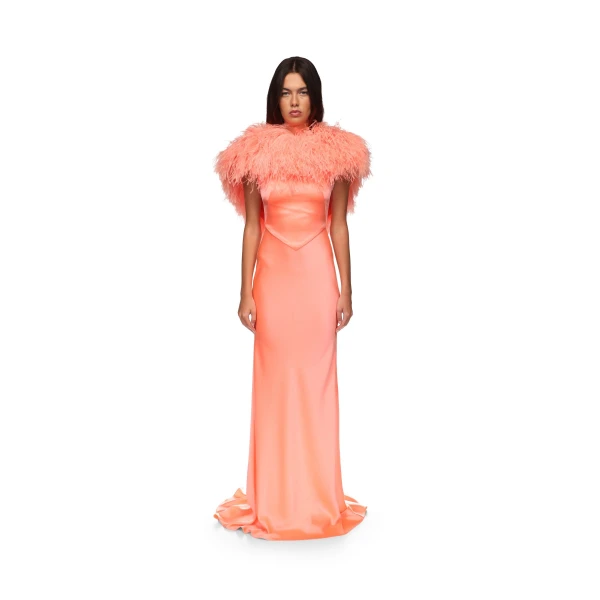 David Koma Open Back Feather Trimmed Satin Gown, view 2