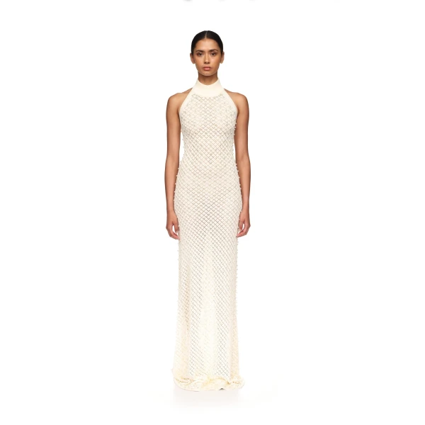 David Koma Pearl Embellished Knit Halter Gown, view 2
