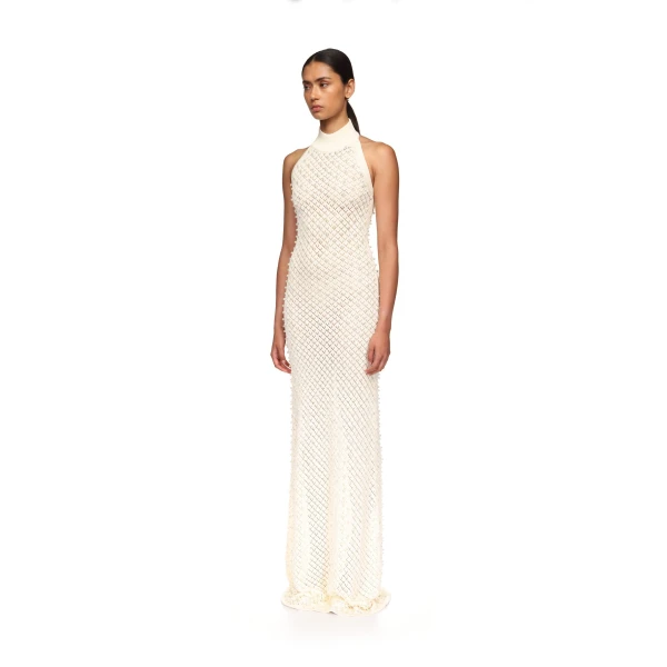 David Koma Pearl Embellished Knit Halter Gown, view 3