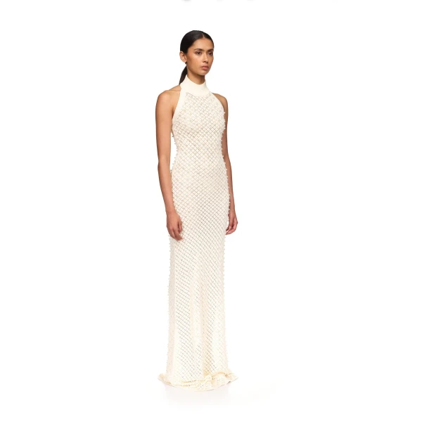 David Koma Pearl Embellished Knit Halter Gown, view 4