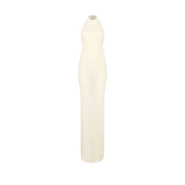 Pearl Embellished Knit Halter Gown