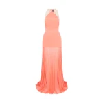 David Koma Satin Halterneck Gown With Mesh Skirt In Neon Coral