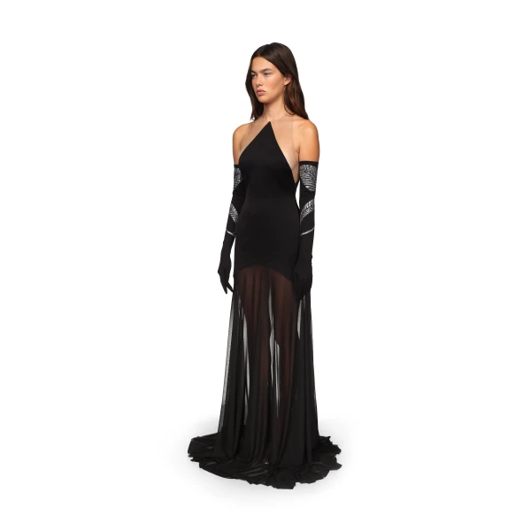 David Koma Satin Halterneck Gown With Mesh Skirt In Neon Coral, view 3