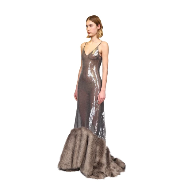 David Koma Sequin Gown With Faux Fur Hem, view 3