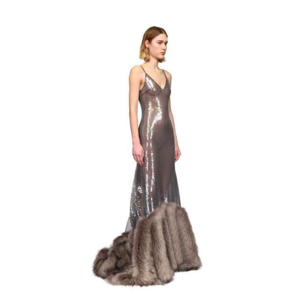 David Koma Sequin Gown With Faux Fur Hem, view 4