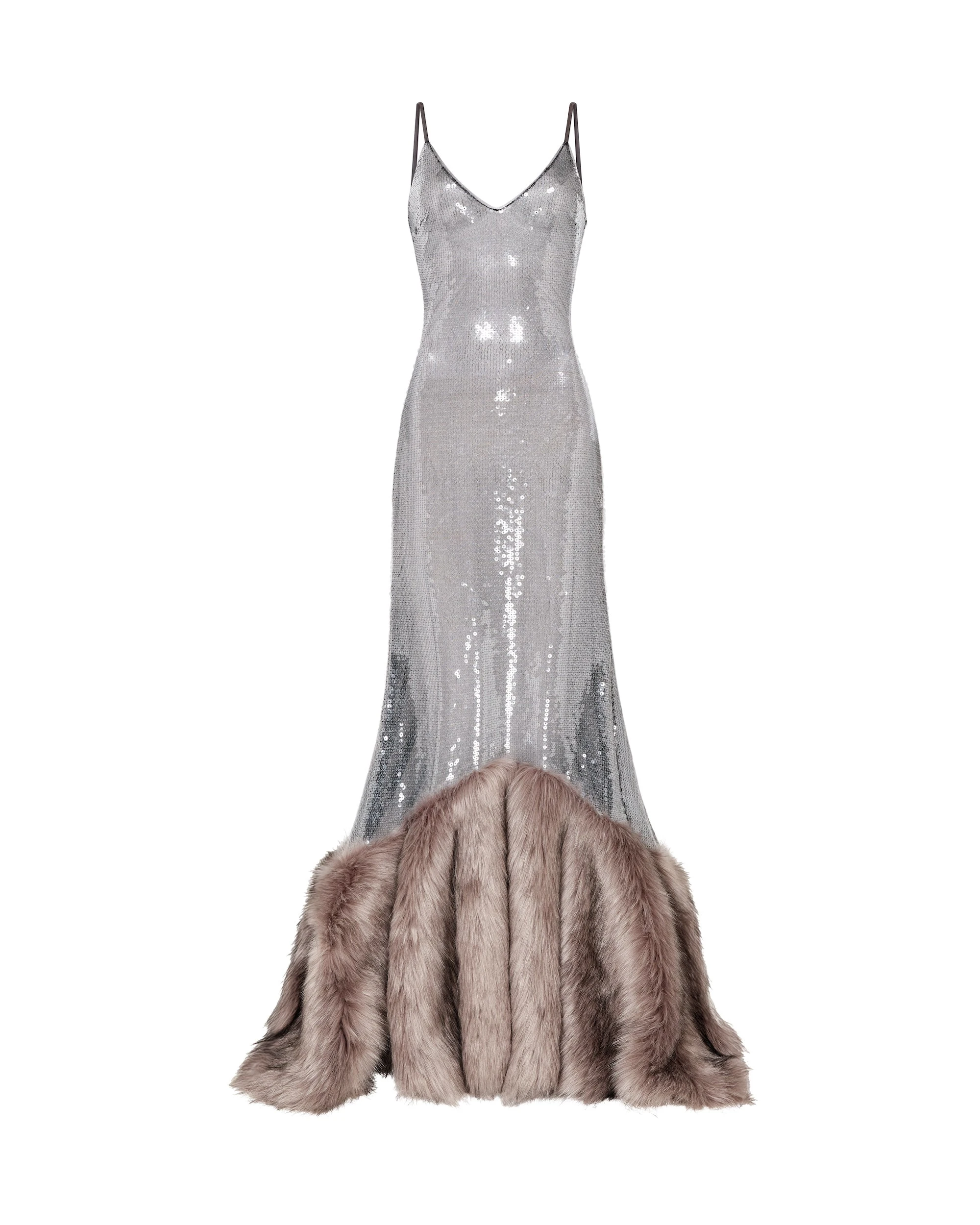 David Koma Sequin Gown With Faux Fur Hem David Koma Sequin Gown With Faux Fur Hem