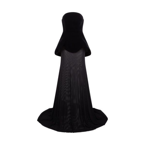 David Koma Strapless Curved Hem Gown With Mesh Skirt