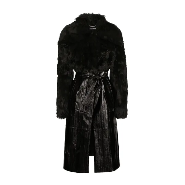 Alpaca and eel skin single-breasted coat with belt