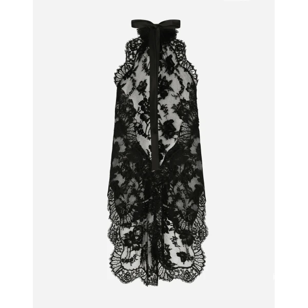 Dolce & Gabbana Asymmetrical lace top with flower detail on neck, view 2