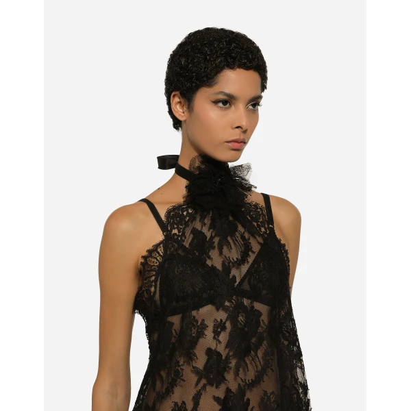 Dolce & Gabbana Asymmetrical lace top with flower detail on neck, view 6