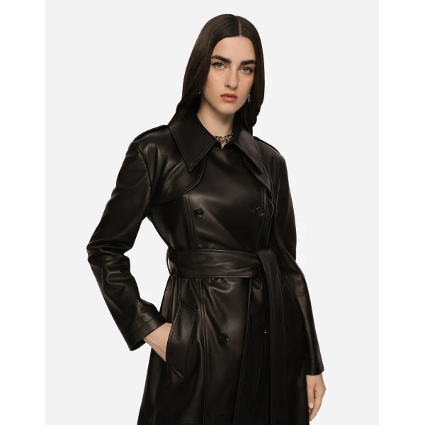 Dolce & Gabbana Belted double-breasted leather coat, view 3