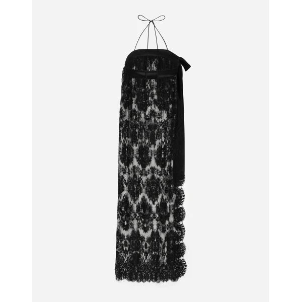 Dolce & Gabbana Calf-length Chantilly lace dress with satin details, view 2
