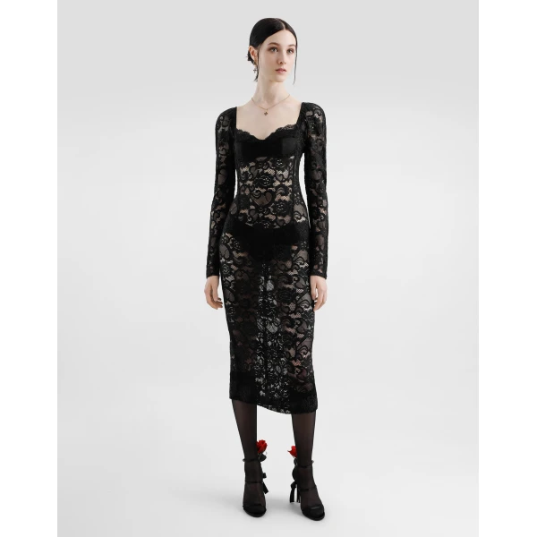 Dolce & Gabbana Calf-length floral lace dress with bra-style cups, view 2