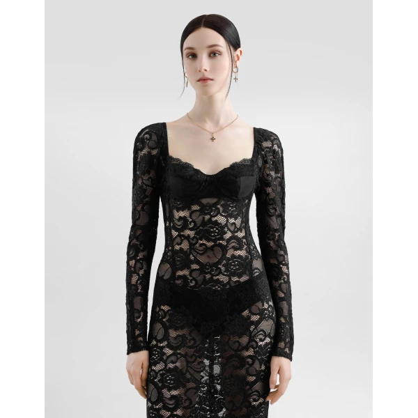 Dolce & Gabbana Calf-length floral lace dress with bra-style cups, view 4