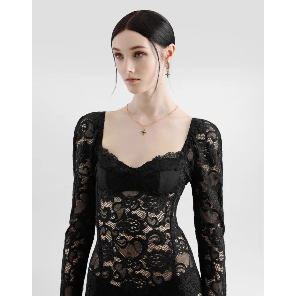 Dolce & Gabbana Calf-length floral lace dress with bra-style cups, view 5