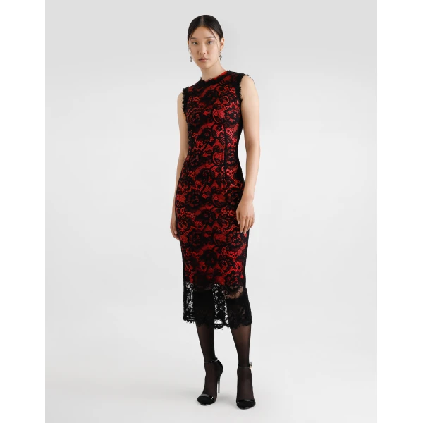 Dolce & Gabbana Calf-length floral lace sheath dress with contrasting lining, view 2