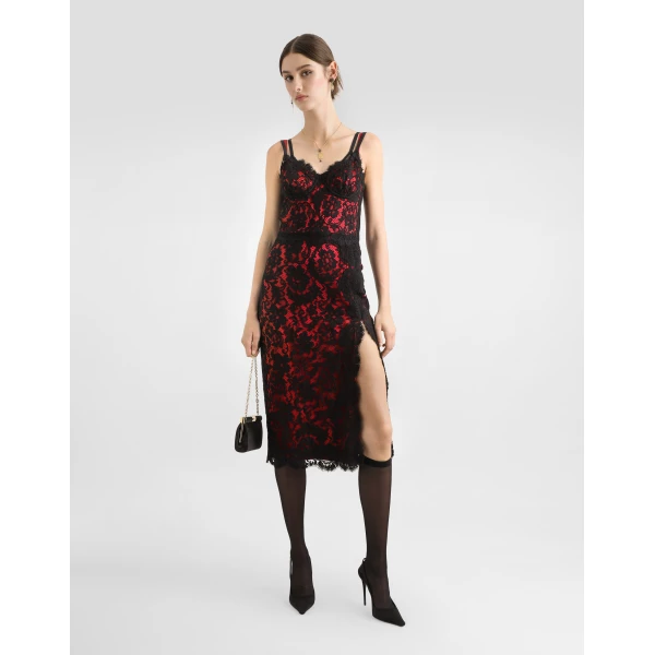 Dolce & Gabbana Calf-length floral lace slip dress with contrasting lining, view 2