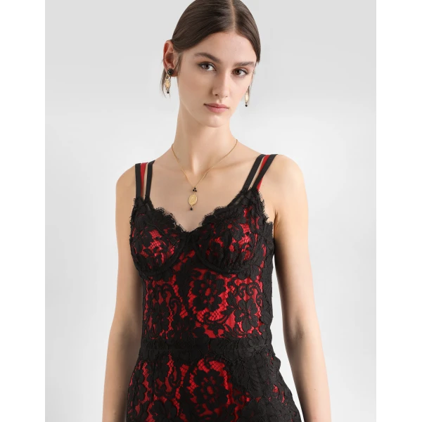 Dolce & Gabbana Calf-length floral lace slip dress with contrasting lining, view 4