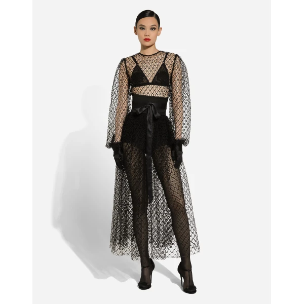 Dolce & Gabbana Calf-length mesh dress with wool crepe belt, view 2