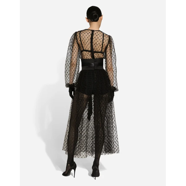Dolce & Gabbana Calf-length mesh dress with wool crepe belt, view 3