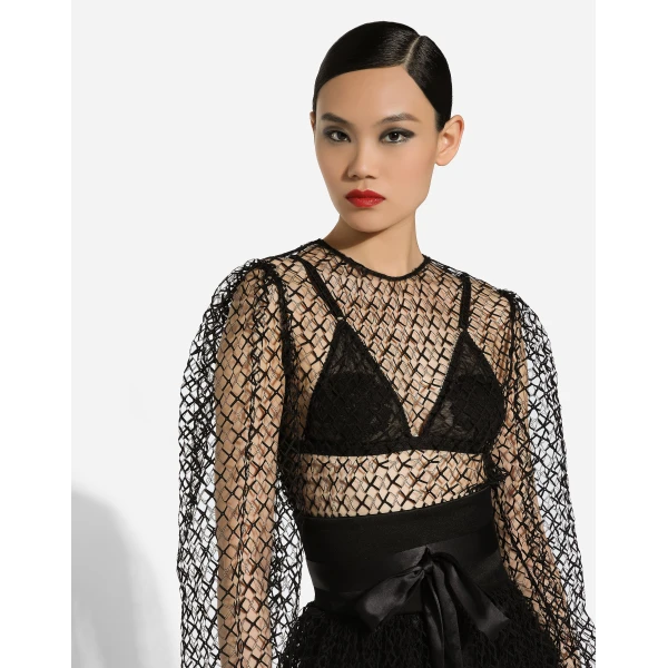 Dolce & Gabbana Calf-length mesh dress with wool crepe belt, view 4