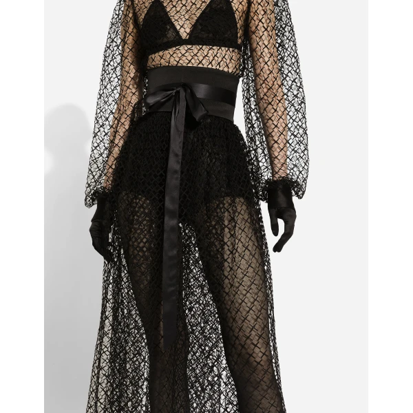 Dolce & Gabbana Calf-length mesh dress with wool crepe belt, view 5