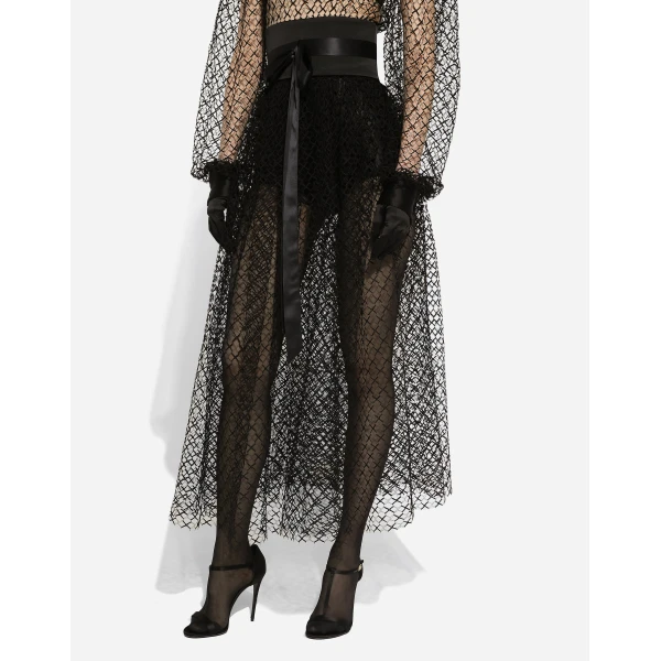 Dolce & Gabbana Calf-length mesh dress with wool crepe belt, view 6