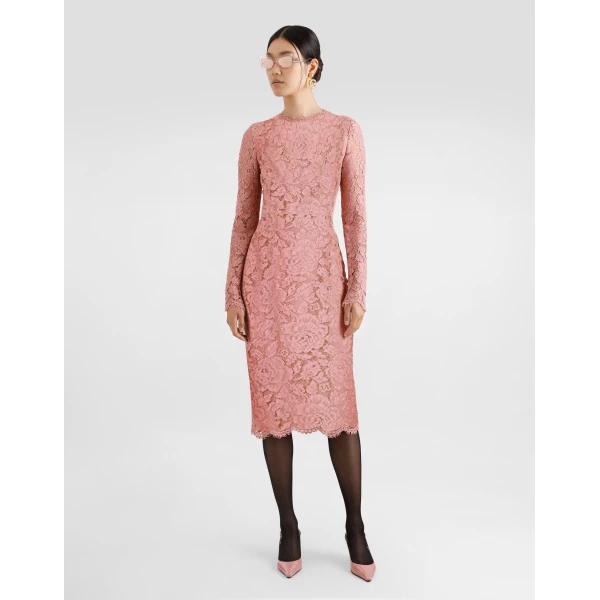 Dolce & Gabbana Calf-length sheath dress in branded floral cordonetto lace, view 2