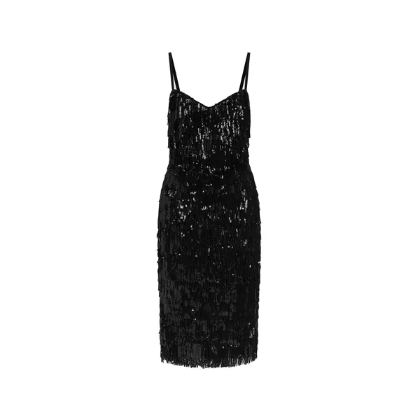 Calf-length slip dress with sequined fringing