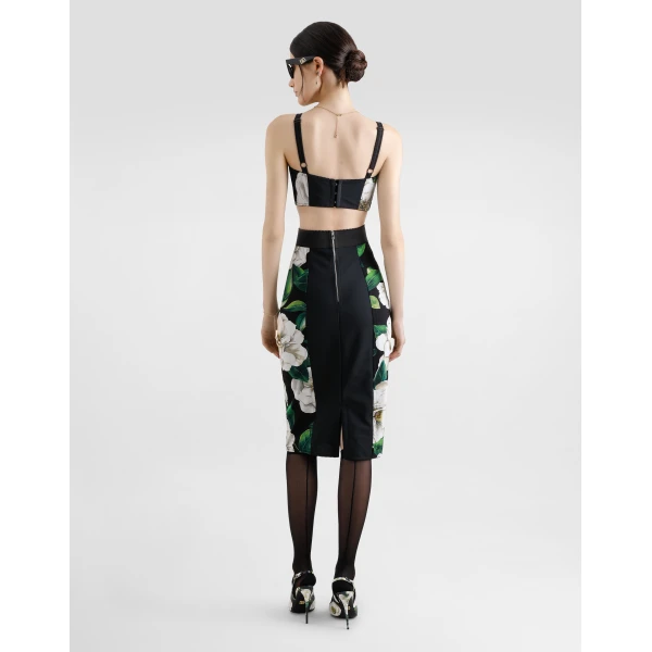 Dolce & Gabbana Calf-length stretch pencil skirt with gardenia print, view 3
