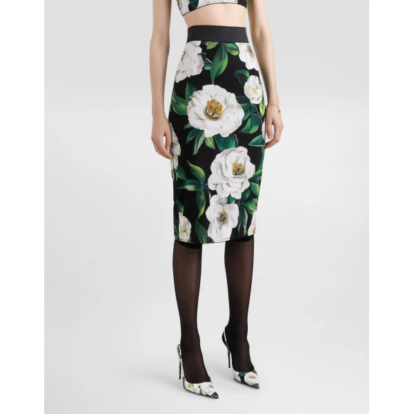 Dolce & Gabbana Calf-length stretch pencil skirt with gardenia print, view 4