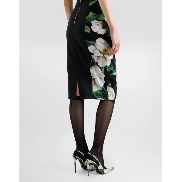 Dolce & Gabbana Calf-length stretch pencil skirt with gardenia print, view 5