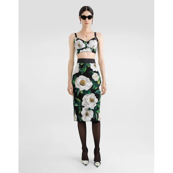 Dolce & Gabbana Calf-length stretch pencil skirt with gardenia print, view 6