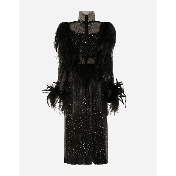 Dolce & Gabbana Calf-length stretch tulle dress with fusible rhinestones and rooster and ostrich feather embellishment, view 2