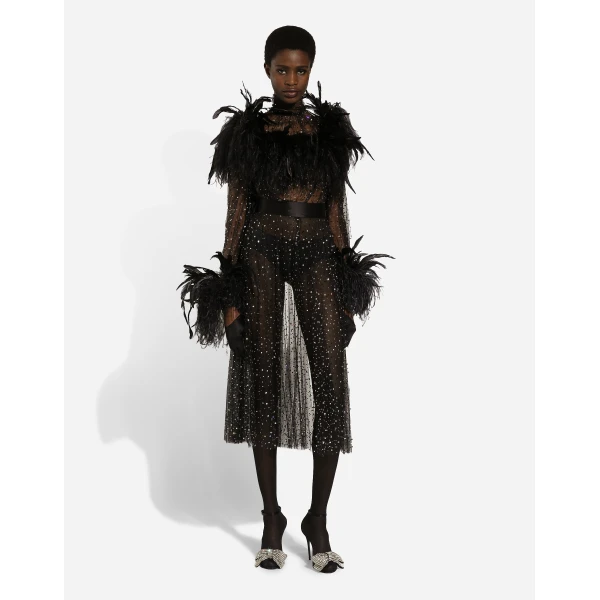 Dolce & Gabbana Calf-length stretch tulle dress with fusible rhinestones and rooster and ostrich feather embellishment, view 3