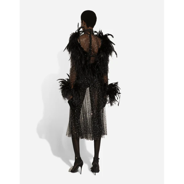 Dolce & Gabbana Calf-length stretch tulle dress with fusible rhinestones and rooster and ostrich feather embellishment, view 4