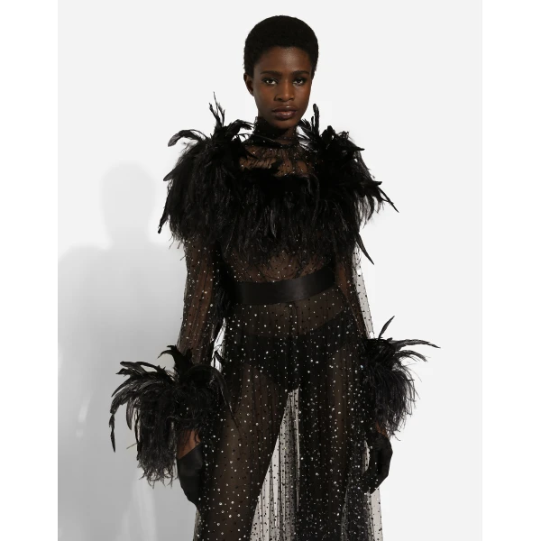Dolce & Gabbana Calf-length stretch tulle dress with fusible rhinestones and rooster and ostrich feather embellishment, view 5